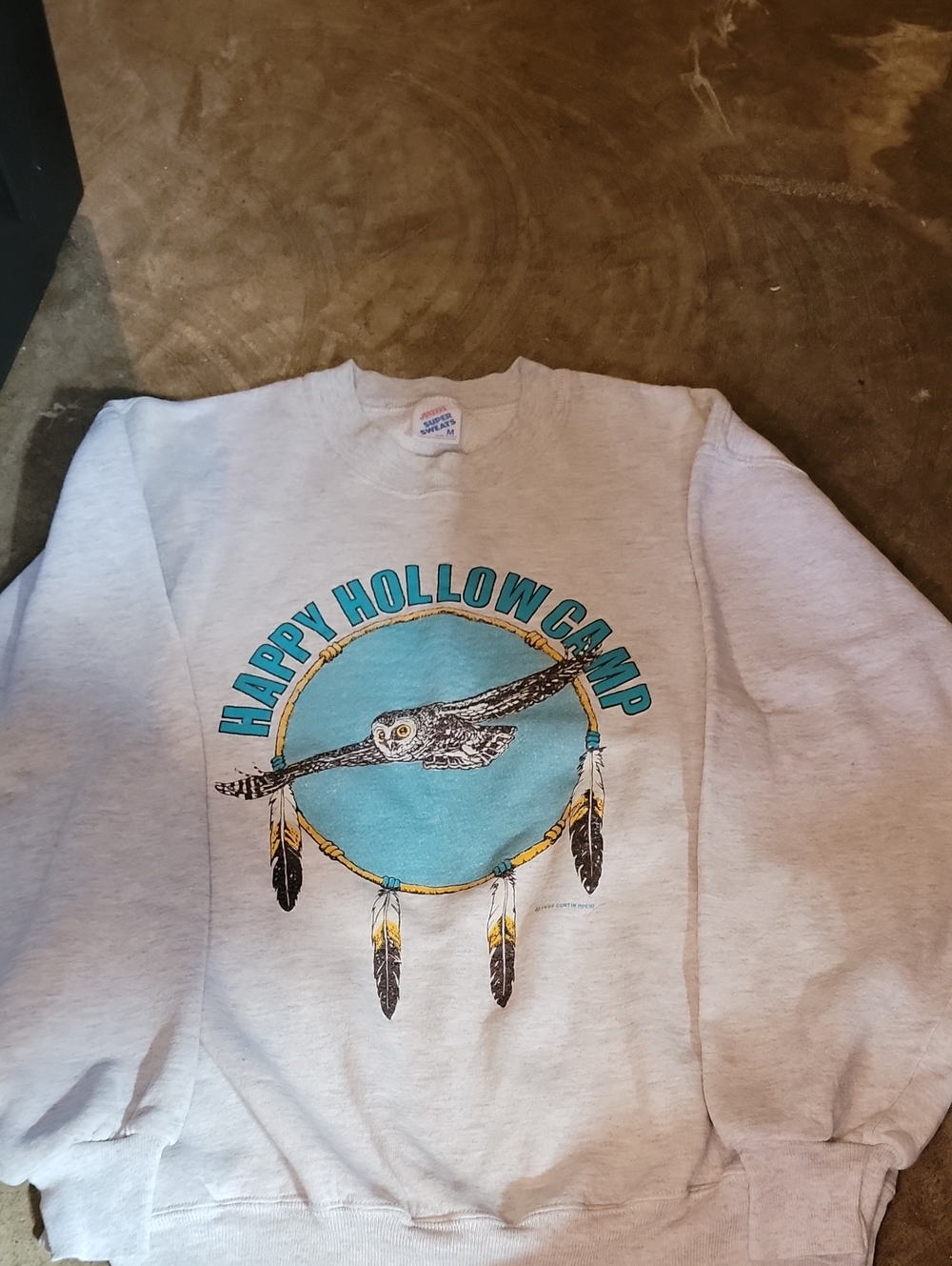 Vintage 1994 Happy Hollow Camp Sweatshirt — Light Gray with Teal Owl Graphic